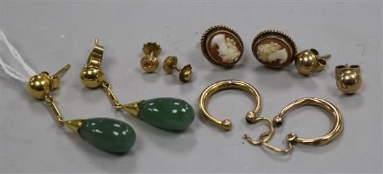A pair of jade and 18ct gold drop earrings, three pairs of 9ct gold earrings and an 18ct gold pair